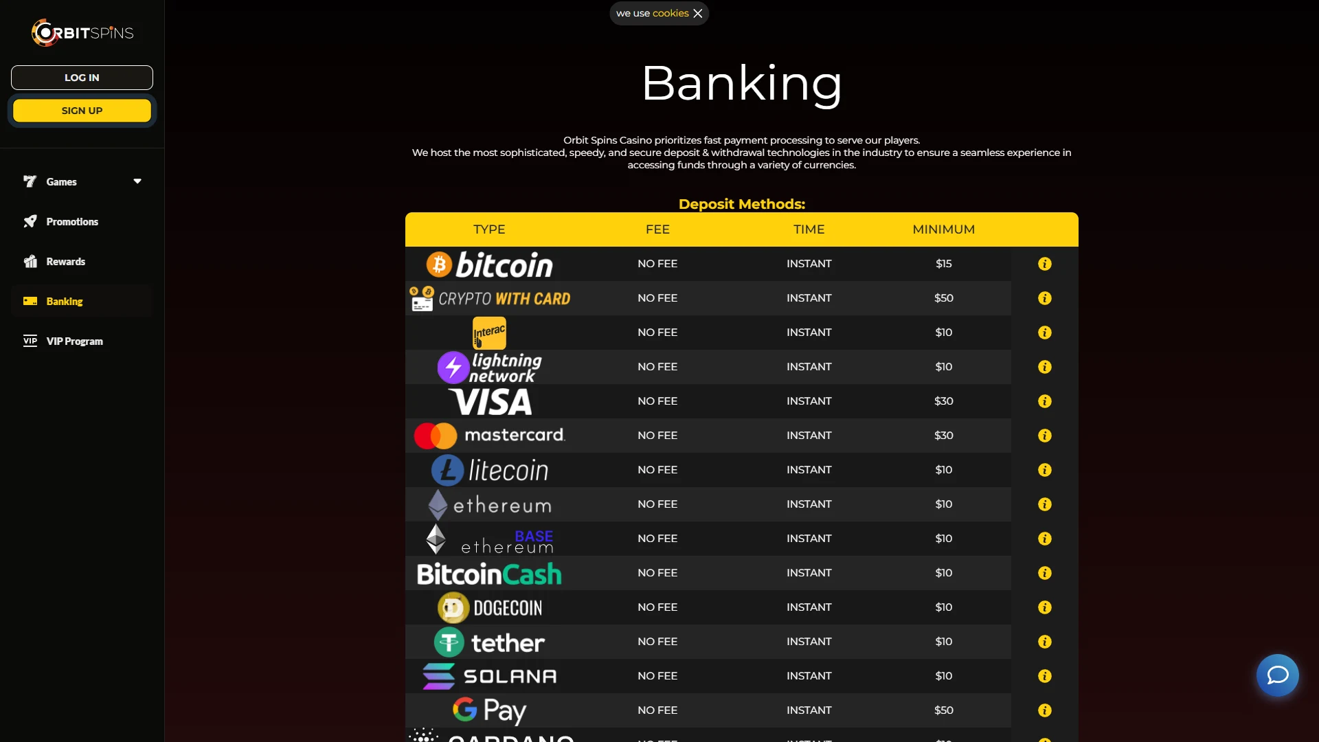 Orbit Spins payment methods